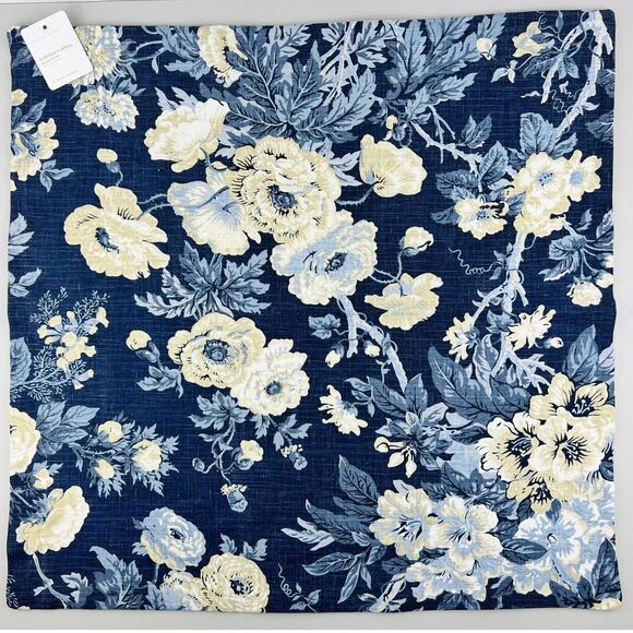 Pottery Barn Pillow Cover Garden Floral 24 x 24 Indigo Linen Blue Yellow Decor - Picture 1 of 6
